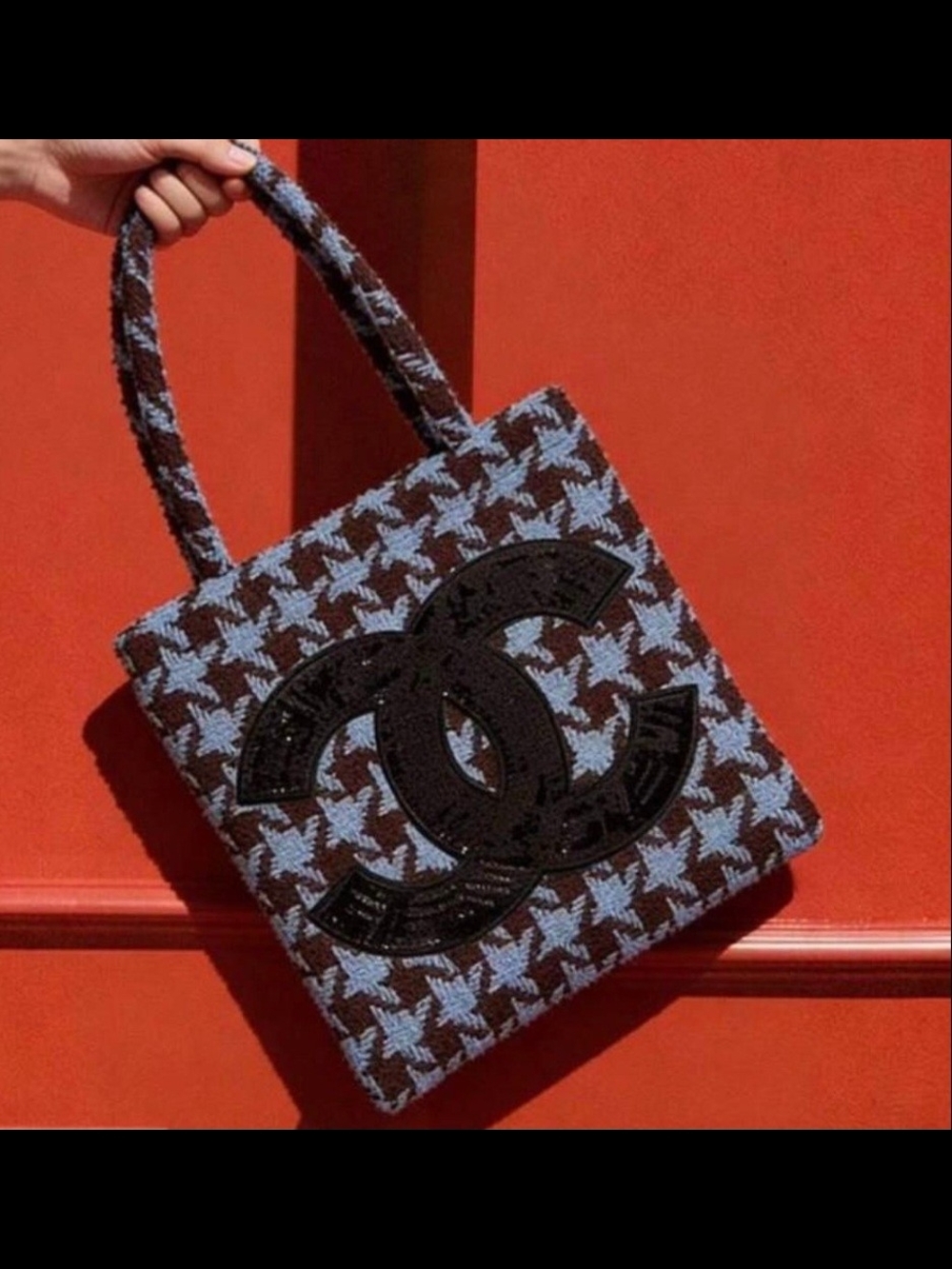 VIP Precison Tweed Houndstooth Tote in Light Blue and Brown with Black Applique